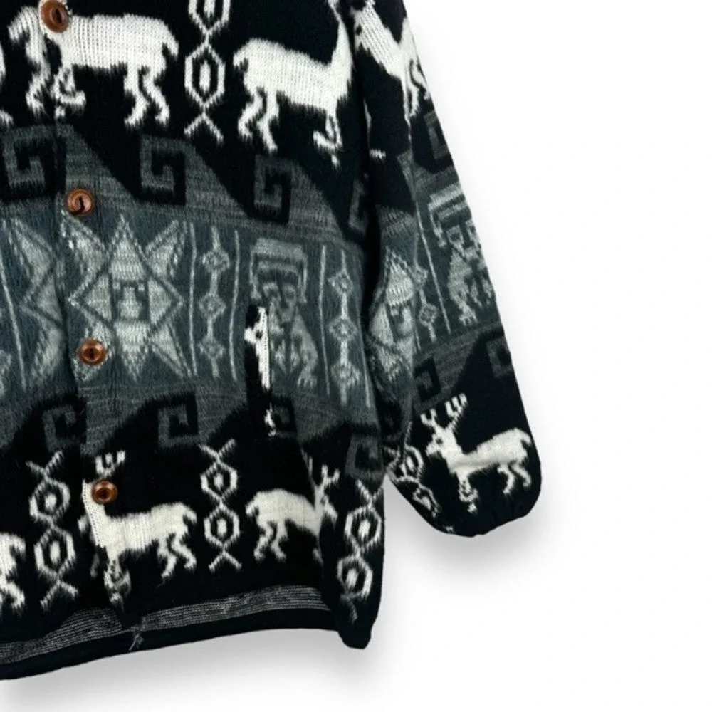 100% Wool Cardigan Sweater Size Large Hooded Aztec Moose Chunky Made in Ecquador